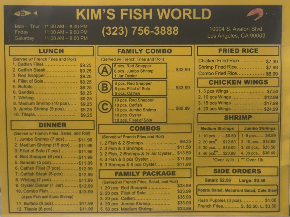 Lunch and dinner sections on a restaurant menu.